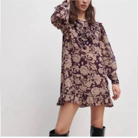 Zara Womens Sz M Purple And Tan Floral Chiffon Ruffle Mini Dress Long Sleeves - Picture 1 of 14